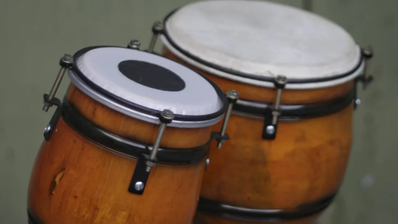 A pair of wooden bongo drums with natural heads