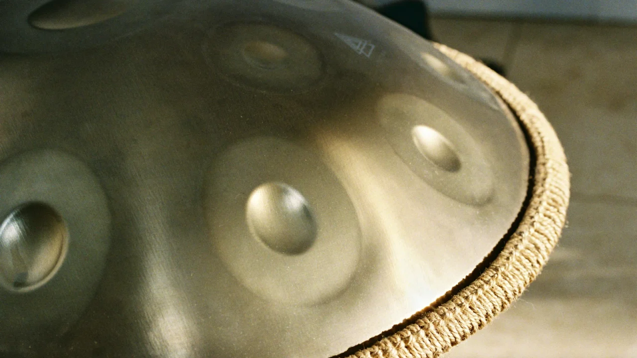 Close-up of a steel handpan showing its hammered tone fields and woven rim